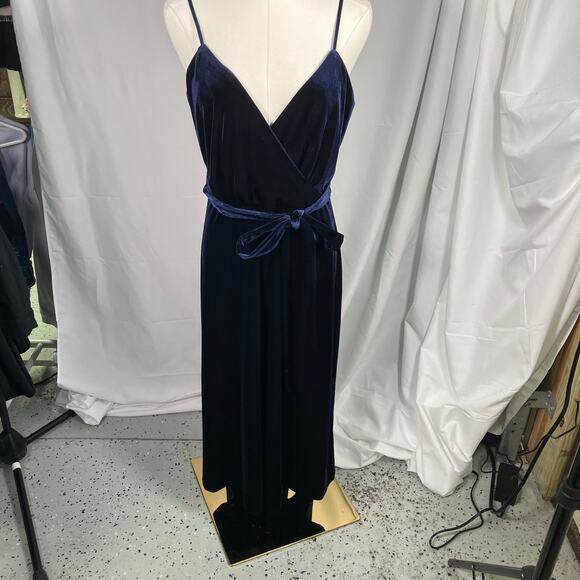 Ali & Jay Velvet Wrap Dress Navy Blue Sleeveless Midi Belted‎ Spaghetti Strap M - Picture 14 of 14
